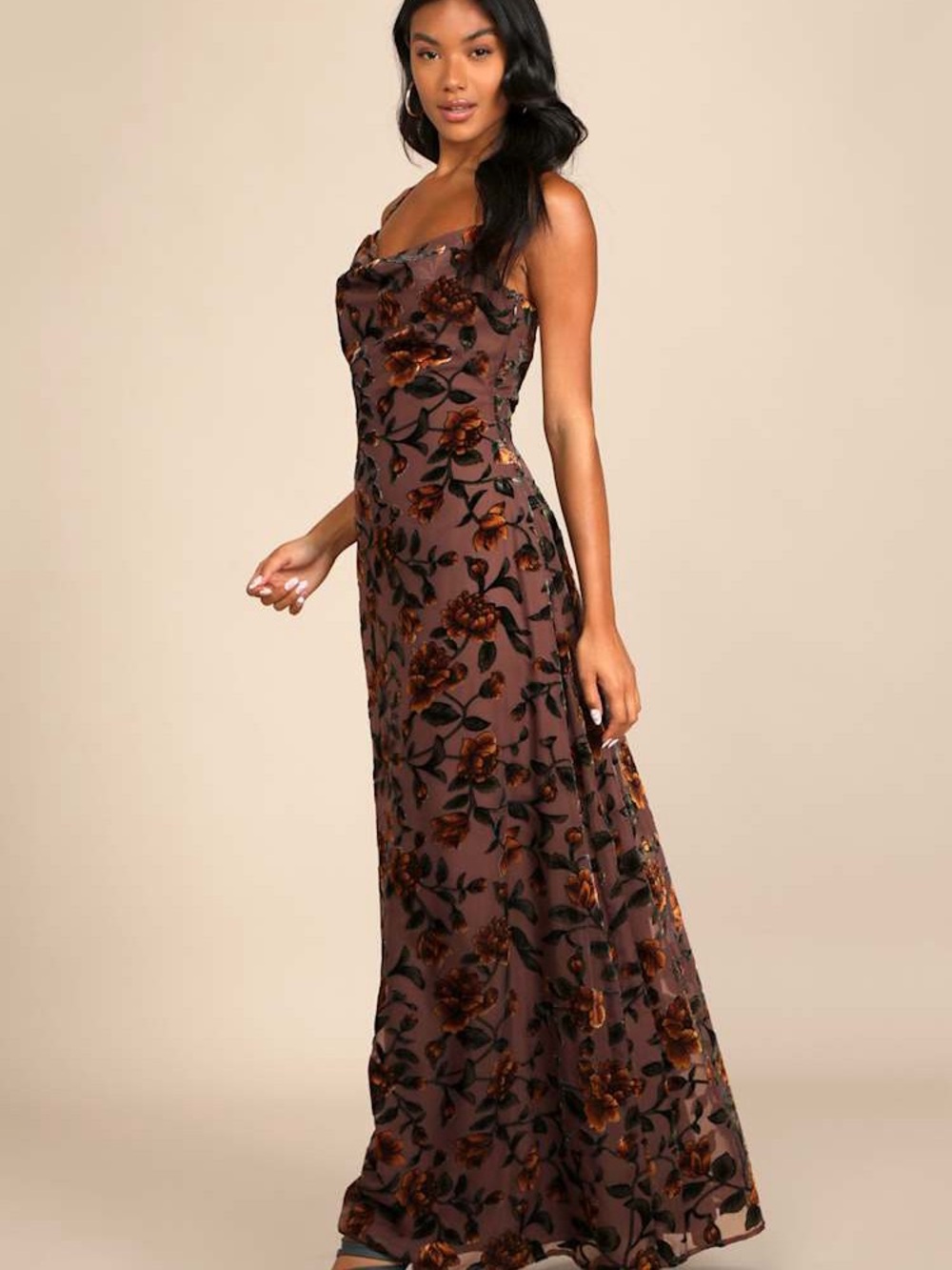 Lulu's Brown Floral Velvet Maxi Dress - Picture 2 of 10